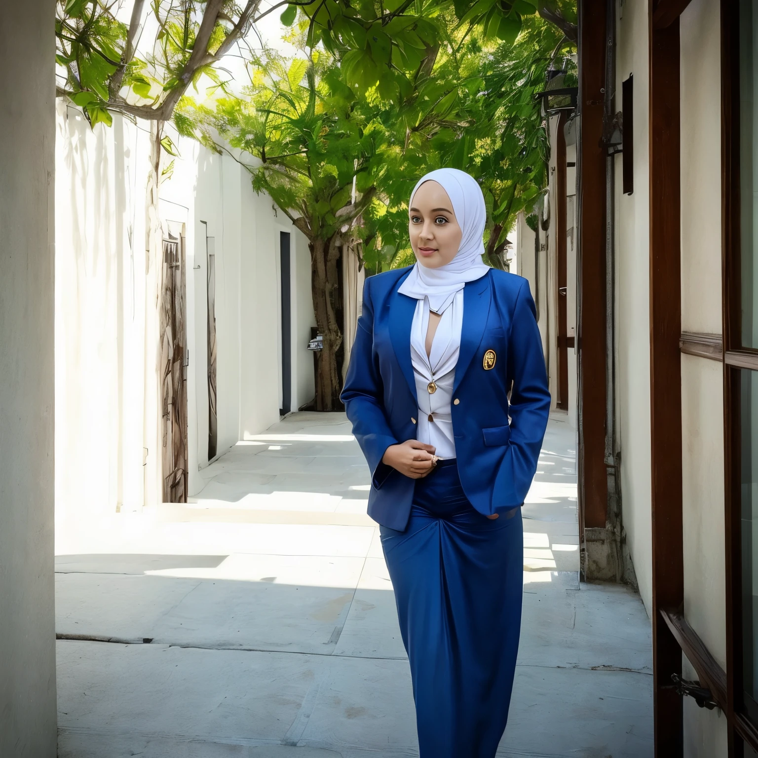 52 years Old, Hijab Indonesian mature woman, Big : 96.9, Blazer, Slim body, Breast about To burst out, at School Corridor, Bright light, at Daytime