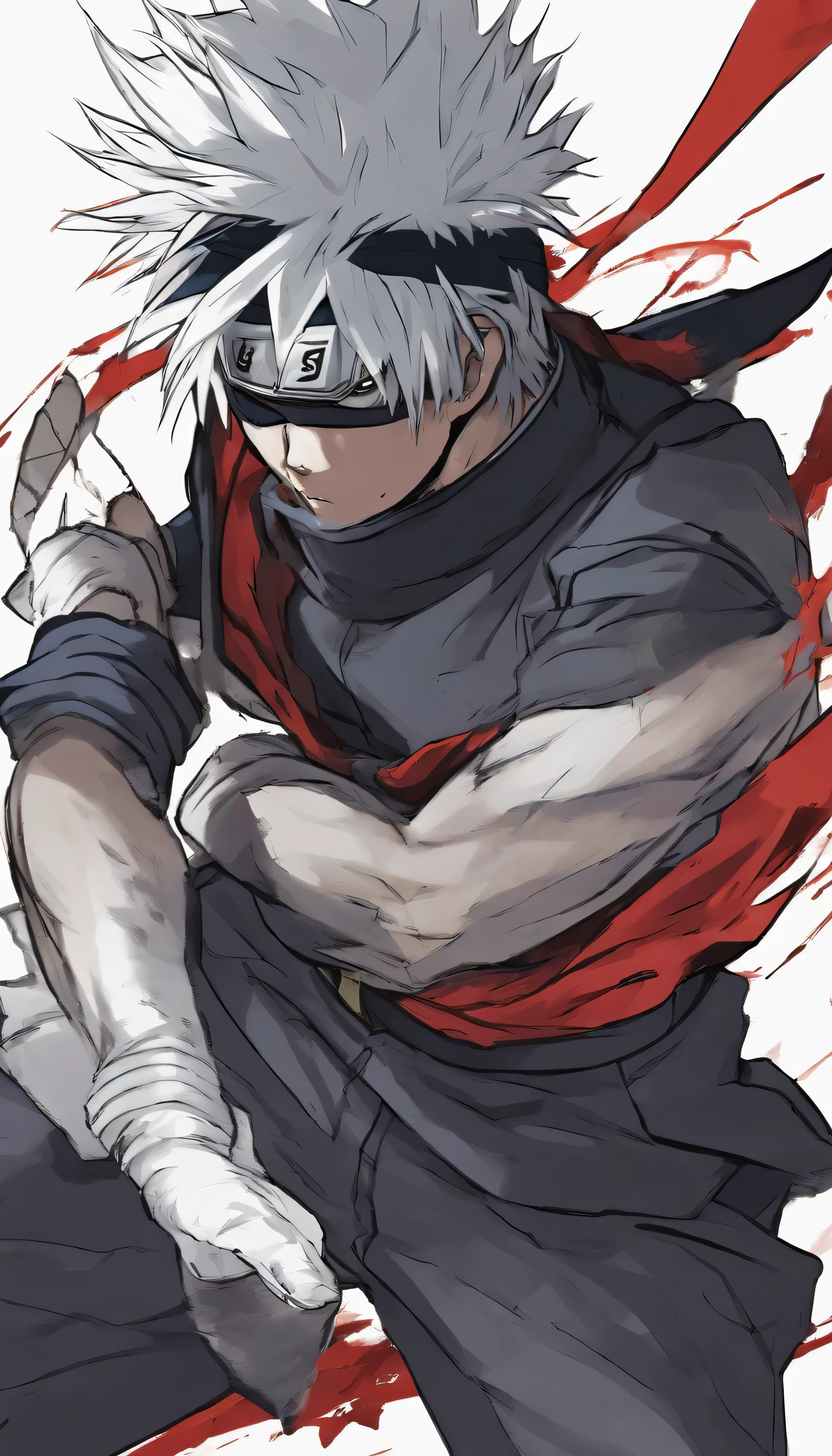 Kakashi, enigmatic and skilled, stands in a battle environment that suits his calm and composed fighting style. His visible eye, the Sharingan activated, captivates with its intricate red and black pattern. Gravity-defying silver hair, styled in its signature spiky fashion, reflects his wisdom and experience. He wears his standard jōnin uniform, complete with a flak jacket, dark turtleneck, and gloves. Performing his famed Lightning Blade technique, his hand emits a concentrated burst of chakra, illuminating his figure. In a dynamic pose, his agility and readiness for combat are showcased. The leafy forests of Konoha or a destroyed battlefield serve as the background, emphasizing his haunts during missions. Kakashi's cool and collected nature is conveyed with a subtle hint of his hidden smile or relaxed eye-smile. The final image combines his laid-back attitude with his fierce combat skills, staying true to his character. (best quality, highres, realistic), Lightning Blade, Sharingan, silver hair, jōnin uniform, dynamic pose, forest environment, cool expression.