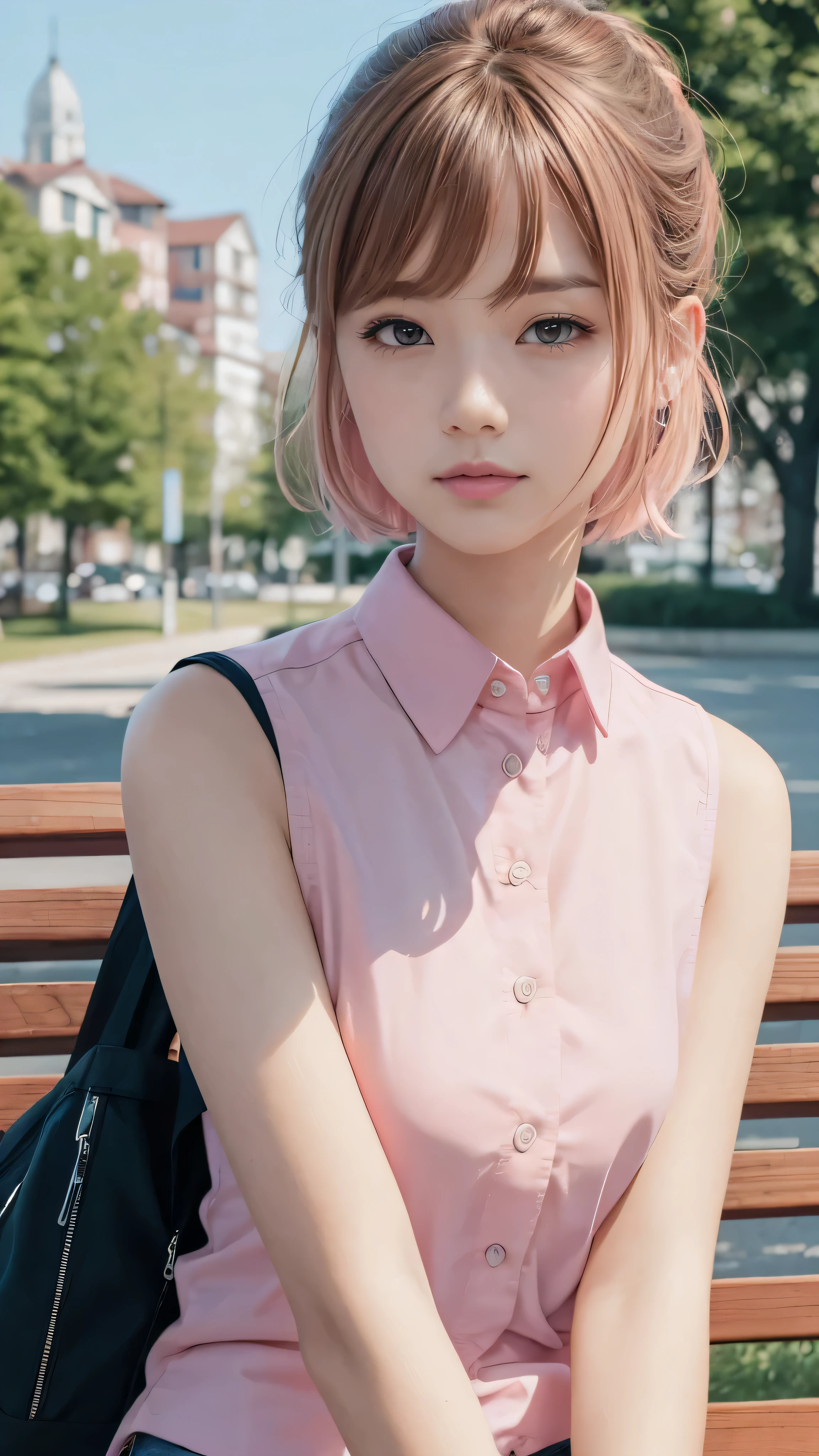 highest quality, realistic, 8K, High resolution, full color, 1 girl, woman, 20 years old woman, (closed mouth:1.73), (skin dents), (portrait:0.6), wood, park bench, dawn, ((park background:1.52)), full color, ((Sleeveless pink shirt:1.58)), looking at the viewer:1.8, (1 girl eyes looking at the viewer:1.55), (medium hair, brown hair, parted hair:1.45), (Bokeh),