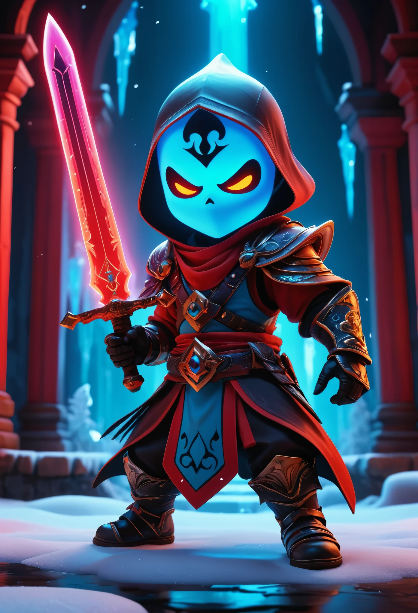 Ghost Swordsman,Dream colors,Best quality,UHD,HDR,high resolution,unreal engine 5,ultra-detailed,hyper realistic,depth of field,symmetrical composition,full body,low saturation,3D rendering,red and black tone,Skottie Young,Blacklight,Ice kingdom