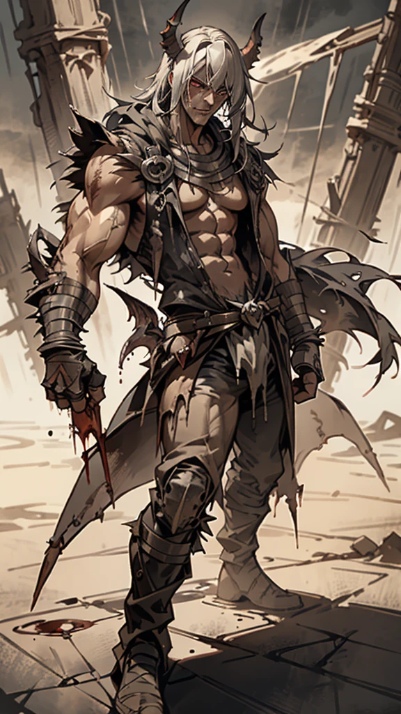 Long white aged hair, devil horns, tan skin color, muscular, man, male, bloodied, blood, large amounts of blood, oil painting, detailed facial features, intense expression, piercing eyes, sharp fangs, clawed hands, torn clothing, dark and moody atmosphere, dramatic lighting, eerie shadows, haunting background, high contrast, surreal aesthetic, vibrant colors, supernatural theme, gothic art style, surrealistic elements, eerie ambiance, mystical aura, grotesque detailing, chilling effect, spine-chilling vibes, (bloody body)