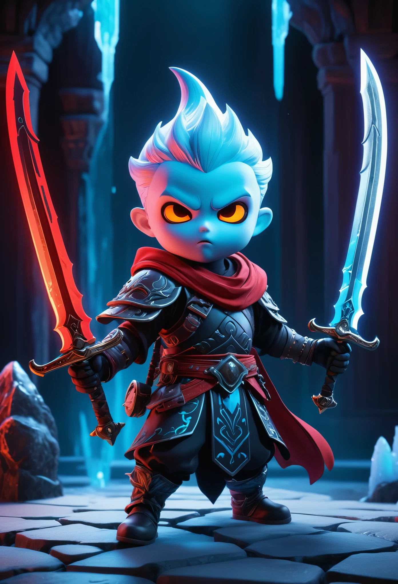 Ghost Swordsman,Dream colors,Best quality,UHD,HDR,high resolution,unreal engine 5,ultra-detailed,hyper realistic,depth of field,symmetrical composition,full body,low saturation,3D rendering,red and black tone,Skottie Young,Blacklight,Ice kingdom