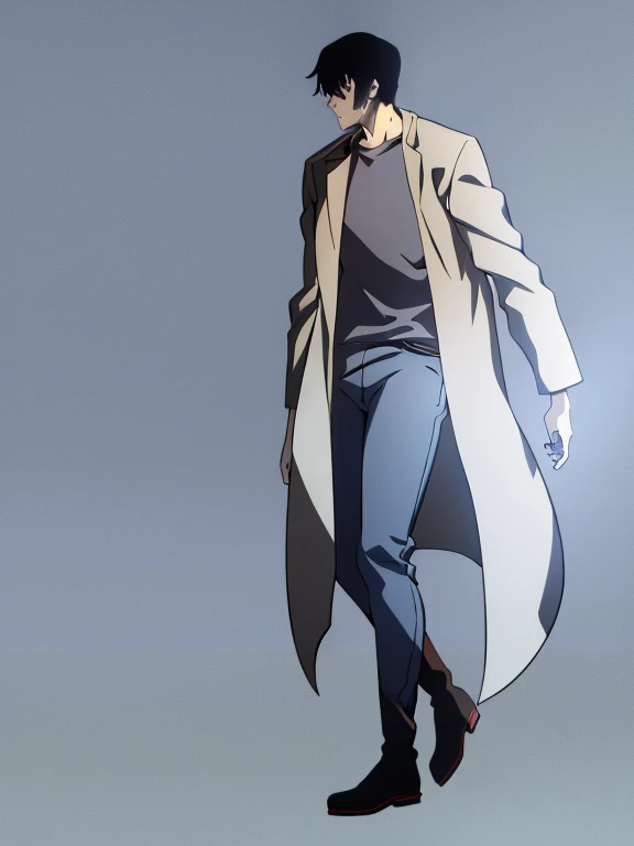 (Illustration, high resolution, best quality: 1.5, masterpiece, minimalist, simplistic detail, anime) solo: 2, ager, fushiguro toji, shirt, high collar coat, jeans, boots, full body, side view, dark coat,