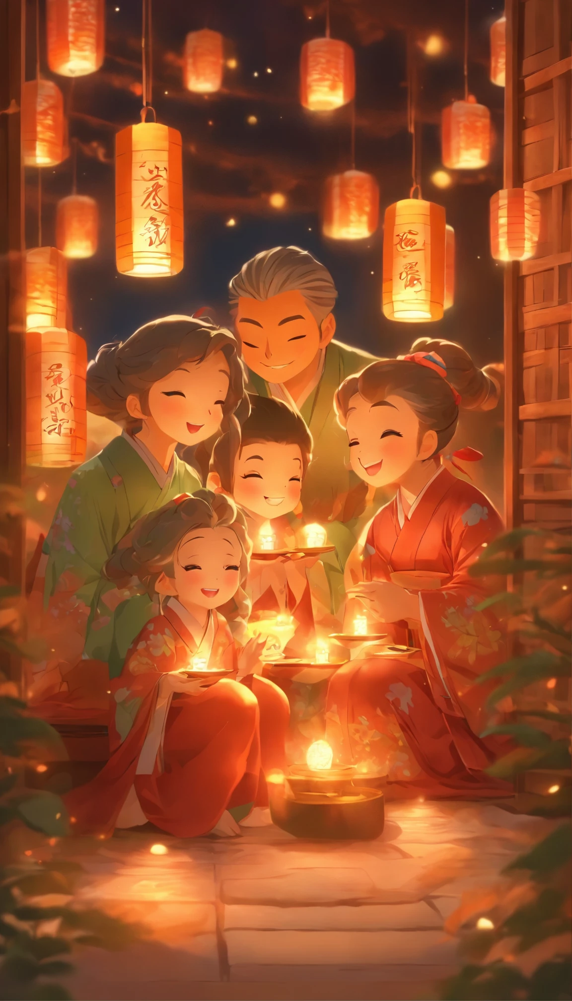 Mid-Autumn Festival,A family sitting together,eat mooncakes,Some people give gifts to their parents,Light shines in through the windows, Let everyone's face emit a soft glow. The family is talking and laughing, Children giving gifts to their parents,
