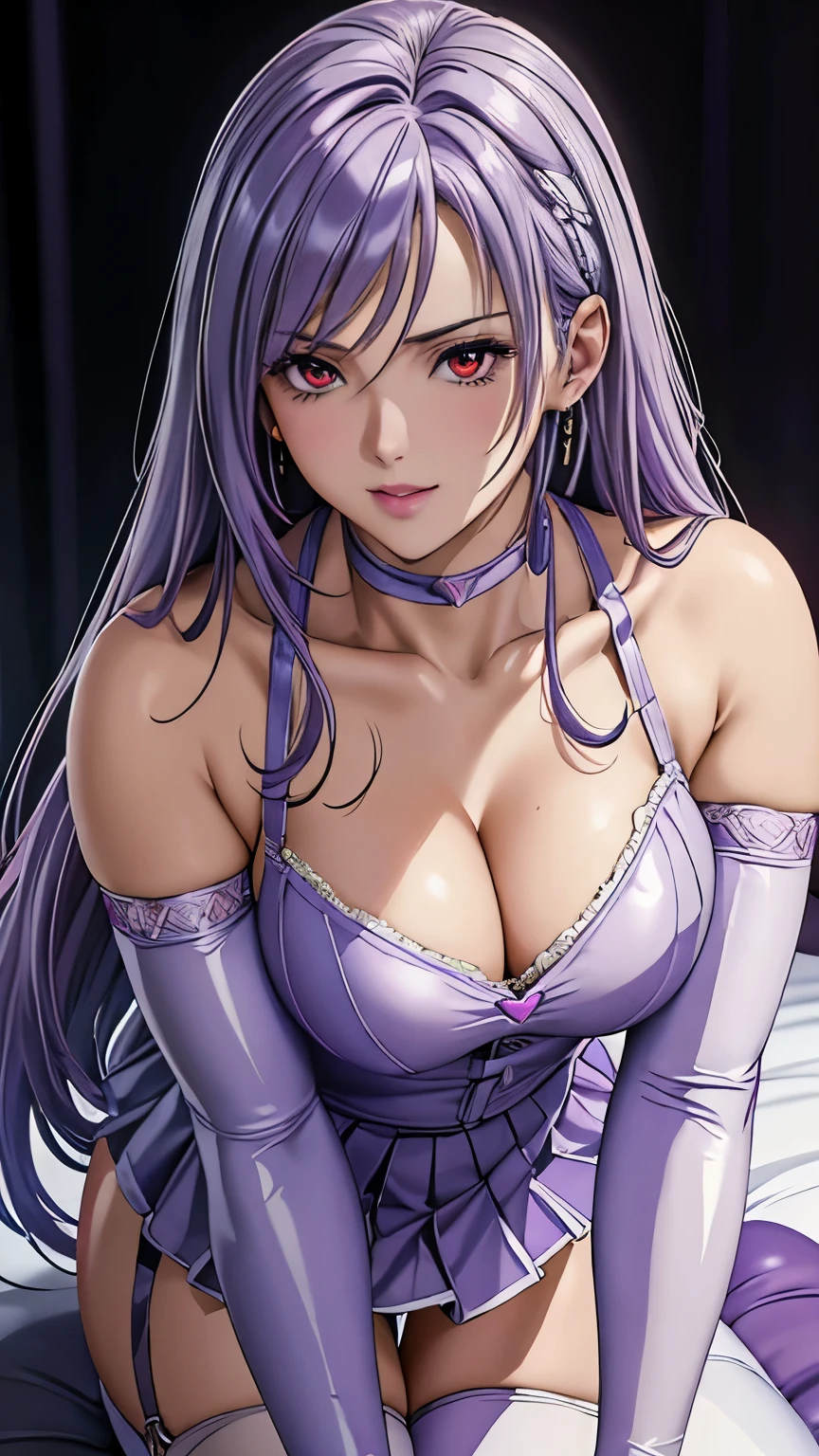 red eyes, (highest quality, masterpiece painting:1.3), immature woman, , (half body shot), masterpiece, ultra high resolution, (Photoreal:1.0), ((light purple hair)),straight hair, beautiful shining hair, white and shining skin, ((Ultra realistic details)), octane rendering, highly detailed face, (big breasts:0.8), (make a heart with hands), bare shoulder, light purple pvc outfit, (light purple pvc serafuku:1.3), (light purple pvc pleated skirt), light purple pvc elbow gloves, light purple pvc thigh boots, (garter straps:1.2), Fabric Glows, open neckline, cleavage, perfect body, soft skin, silver earrings, (pure white background:1.4), sharp focus, intricate details, professional artwork, (bright colors:1.1), bright colors, diffused lighting, digital blending, ultra-definition body, ultra detail hair, super detailed face, that'It's trending on pixiv, top button open, Cute gaze, compensate, perfect lips, perfect compensate, Ultra-precision coating, (light_smile:0.8), (smugness:1.2),blush your nose,