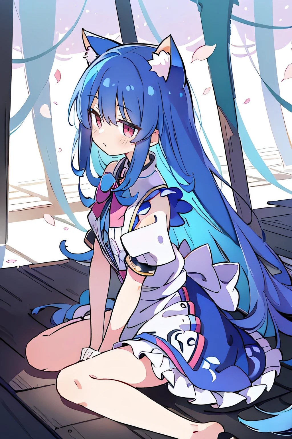 (masterpiece:1.2),Extremely detailed,Practical,expressive eyes,Fair skin,Perfect face shaping,1 Girl,
Japanese cartoons,Gorgeous blue hair, the long flowing blue hair,Floating clothes,Cat ears,Petals fall,beautiful lola,Young Angel,
Place your hands on your waist,sit elegantly on the ground,Cross your legs,Gentle and peaceful background,stately church,nun.