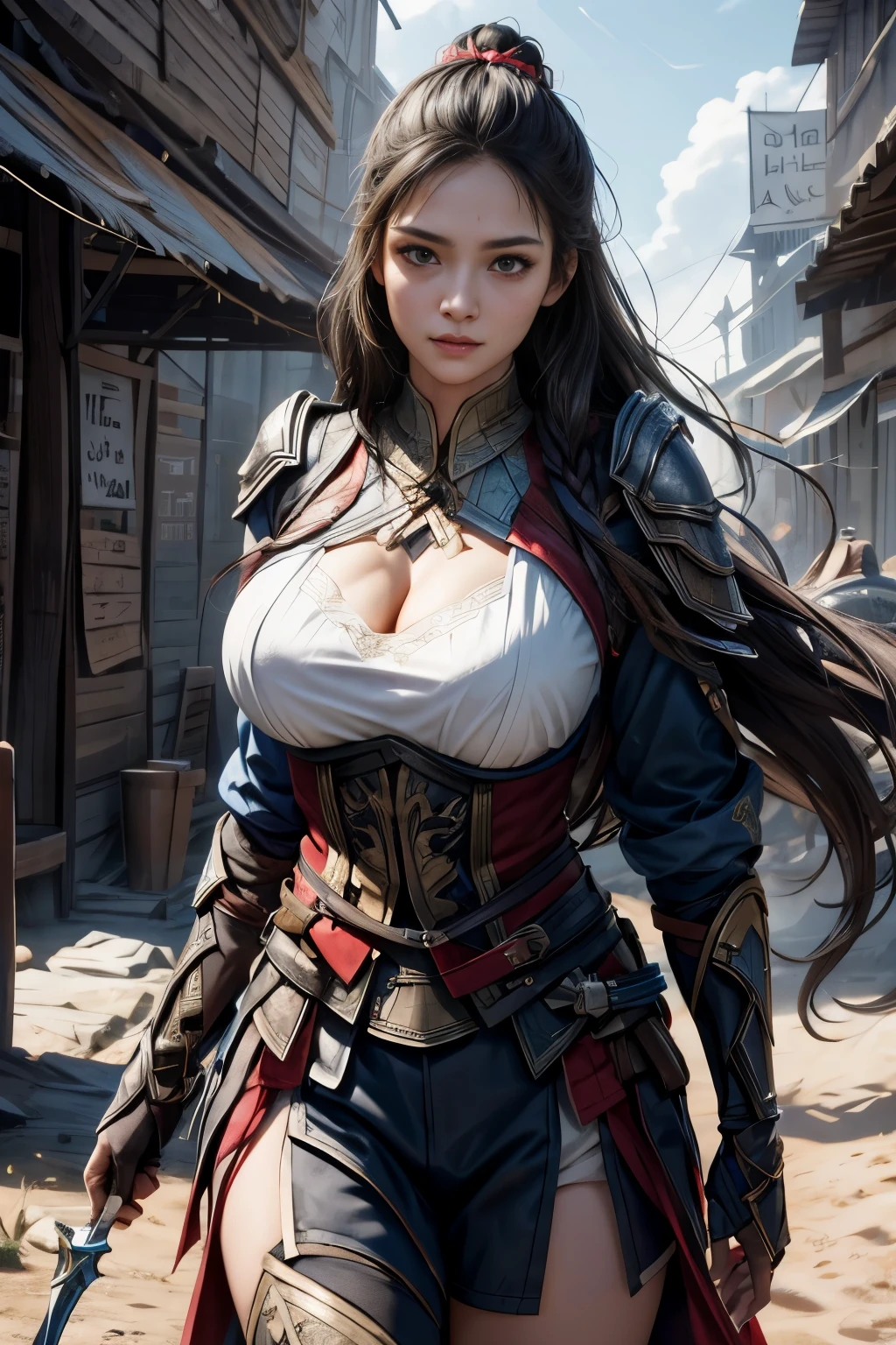 Portrait of a female warrior standing in front of a horse, sexy face, cute face, Assassin&#39;s Creed Games, Photorealistic, post apocalypse, babe, huge firm bouncing breasts, 18 years old, 160cm tall high, breasts part of armor widely open