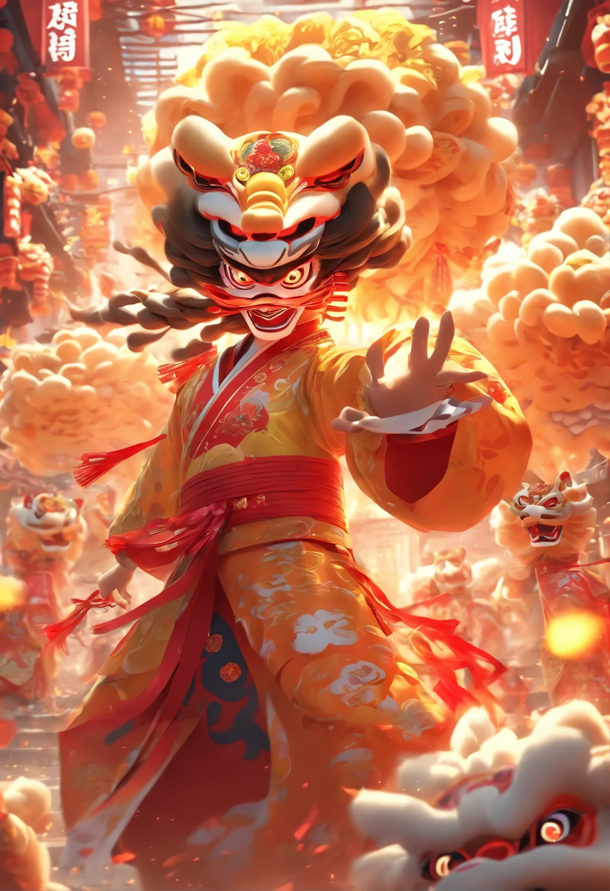Chinese style,lion dance girl,highly detailed surreal vfx,soil,Vision,Ultrafine,Ultra Detailed,high quality,8K ,oc rendering,Full body view
