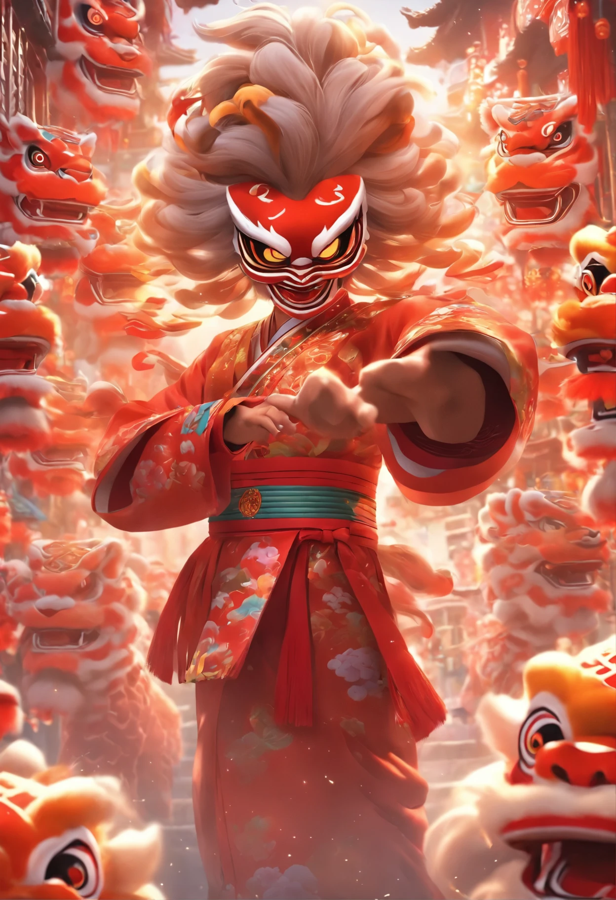 Chinese style，lion dance girl，highly detailed surreal vfx，soil，Vision，Ultrafine，Ultra Detailed，high quality，8K ，oc rendering，Full body view