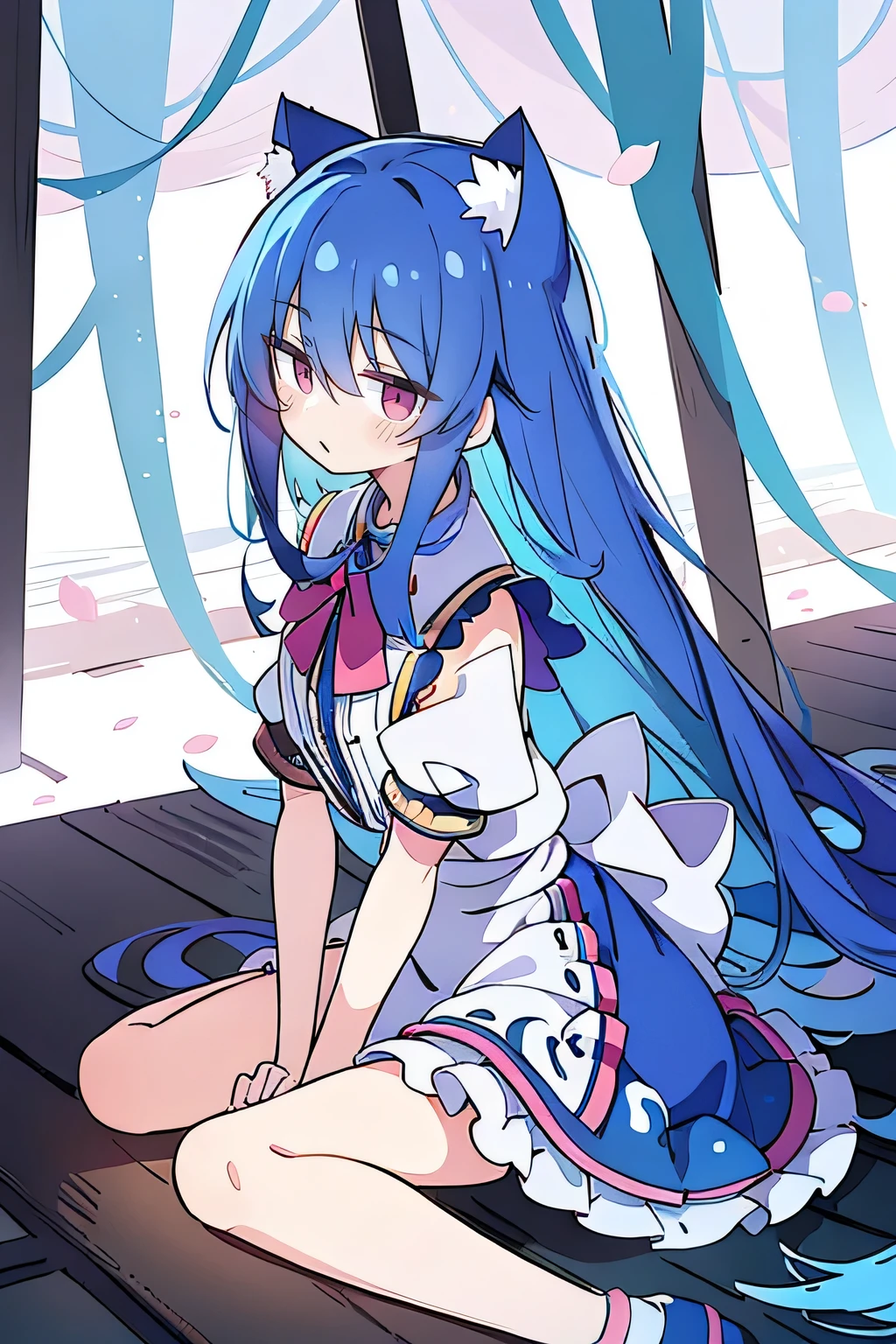(masterpiece:1.2),ultra-detailed,realistic,expressive eyes,fair-skinned,perfectly shaped face,1girl,
Japanese cartoons,Gorgeous blue hair, flowing blue hair,floating clothes,cat ears,petals falling,beautiful Lola,Hina Angel,
hands on waist,gracefully sitting on the ground,legs crossed,gentle and serene background,cool and comfortable pavilion.