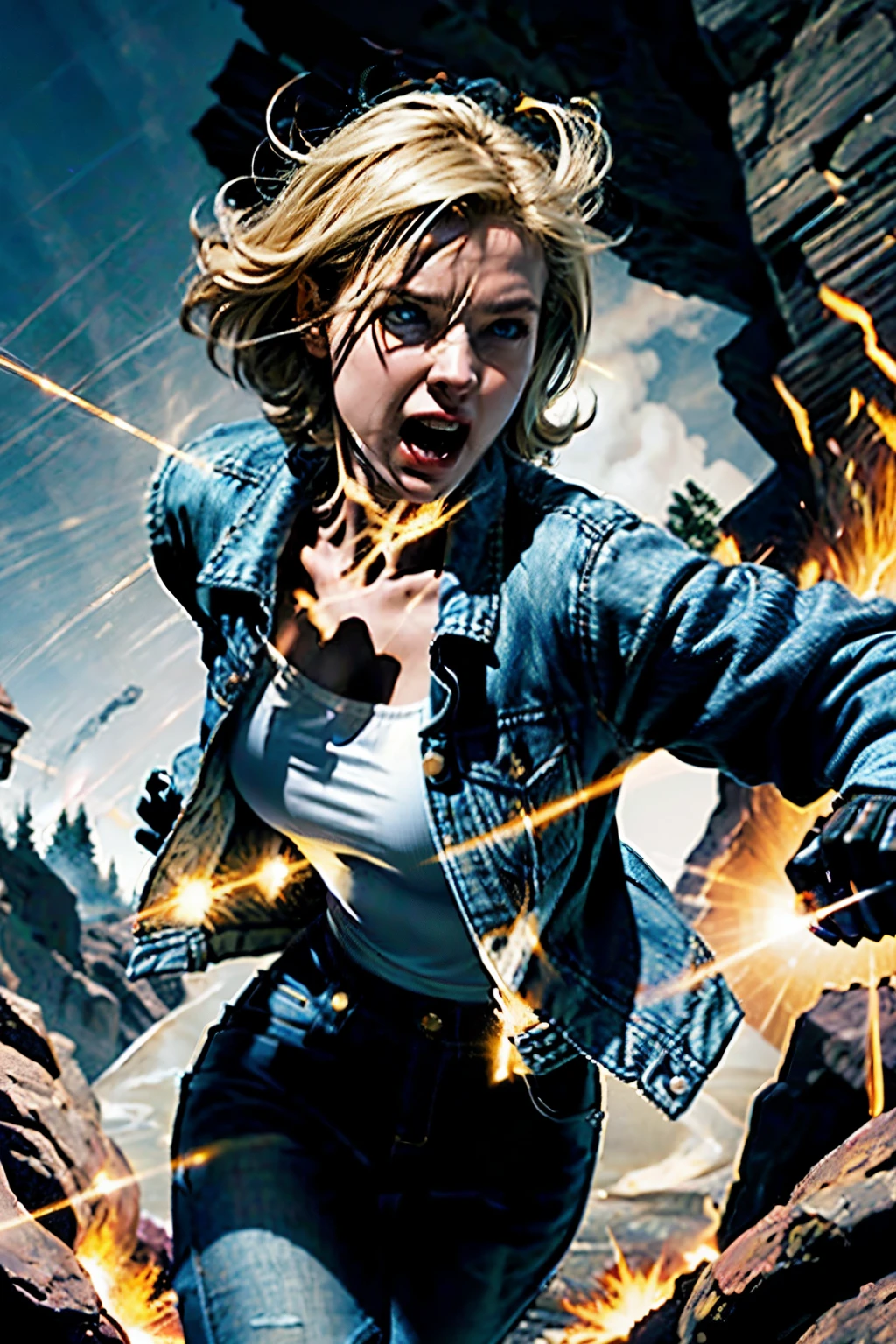 (((1 girl, Lovely, denim jacket, White top, jeans, Gloves, blond, short hair, Bob Hairstyle, side parted hair, blue eyes))), (((blond hair))),
Dynamic poses, Comic Style, Depict a group of characters in various action scenes, From intense battles to lighthearted moments, Features dramatic speed lines and bold sound effects, Capture the excitement and energy of storytelling, Laser beams from the palm of your hand, Attack with palm forward, Yellowstone National Park, great canyon,