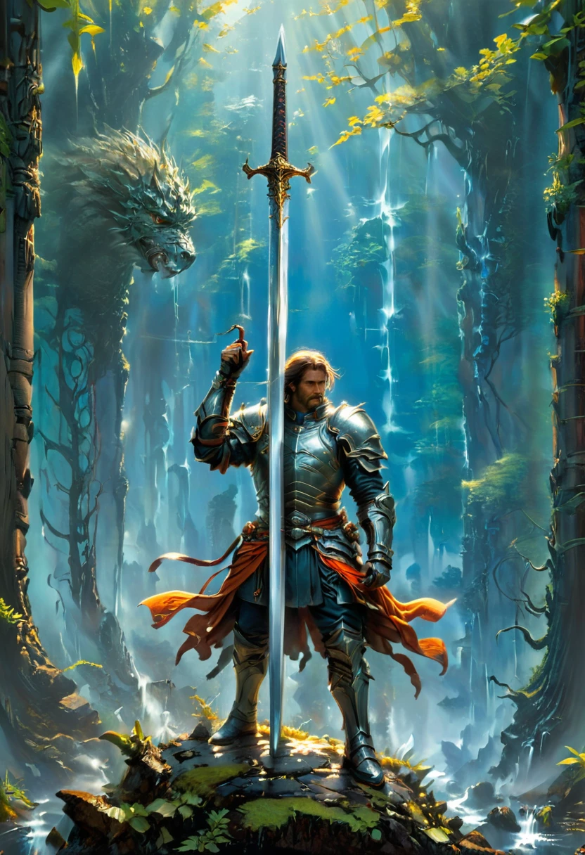 Sworasman, hold sword, by Michael Whelan, best quality, masterpiece, very aesthetic, perfect composition, intricate details, ultra-detailed