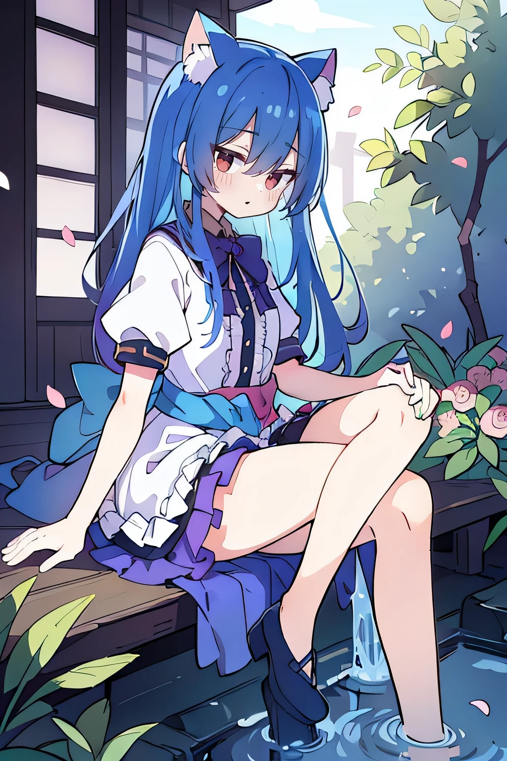 (masterpiece:1.2),ultra-detailed,realistic,expressive eyes,fair-skinned,perfectly shaped face,1girl,
Japanese cartoons,Gorgeous blue hair, flowing blue hair,floating clothes,cat ears,petals falling,beautiful Lola,Hina Angel,
hands on waist,gracefully sitting on the ground,legs crossed,gentle and serene background,cool and comfortable pavilion.
