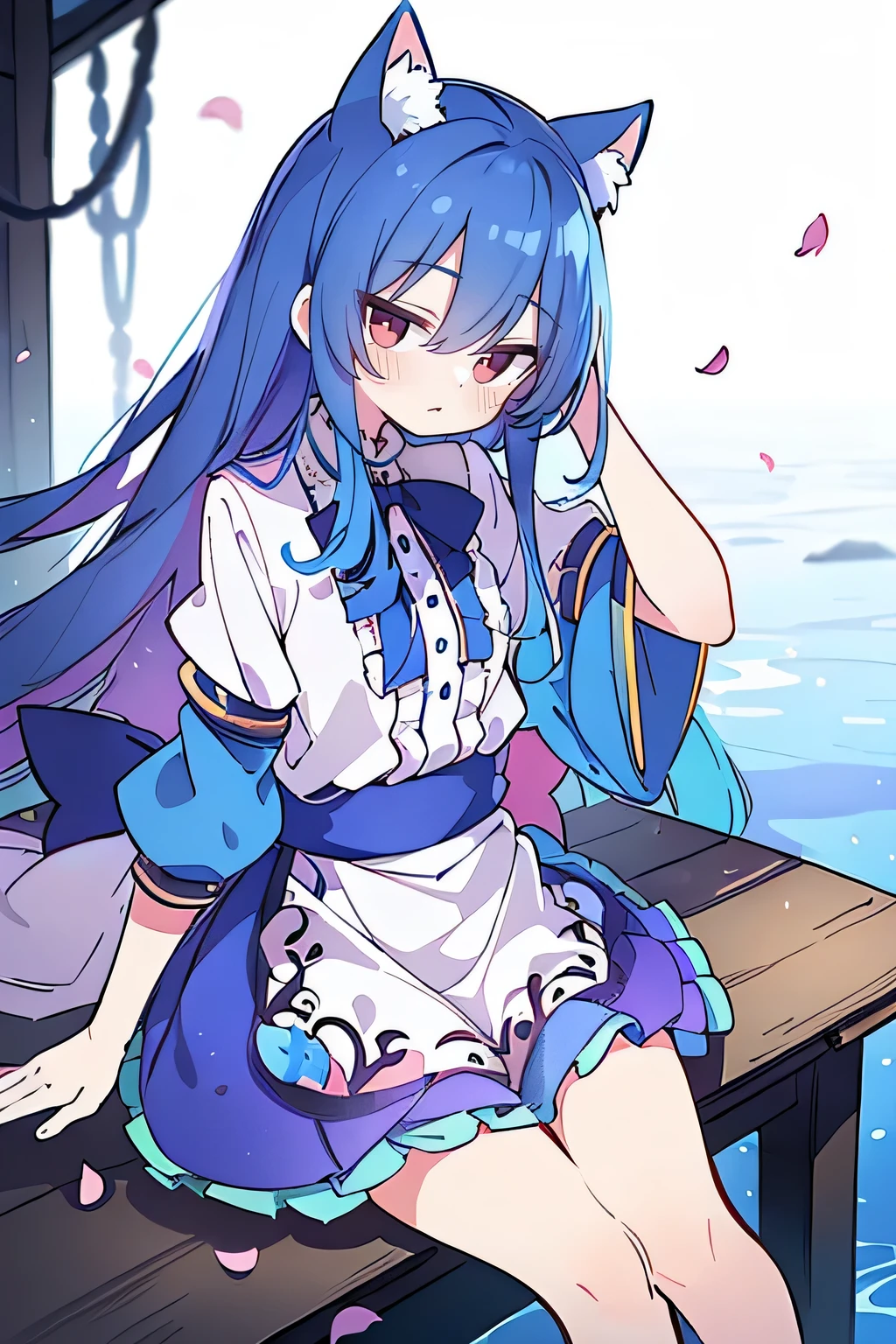 (masterpiece:1.2),ultra-detailed,realistic,expressive eyes,fair-skinned,perfectly shaped face,1girl,
Japanese cartoons,Gorgeous blue hair, flowing blue hair,floating clothes,cat ears,petals falling,beautiful Lola,Hina Angel,
hands on waist,gracefully sitting on the ground,legs crossed,gentle and serene background,cool and comfortable pavilion.