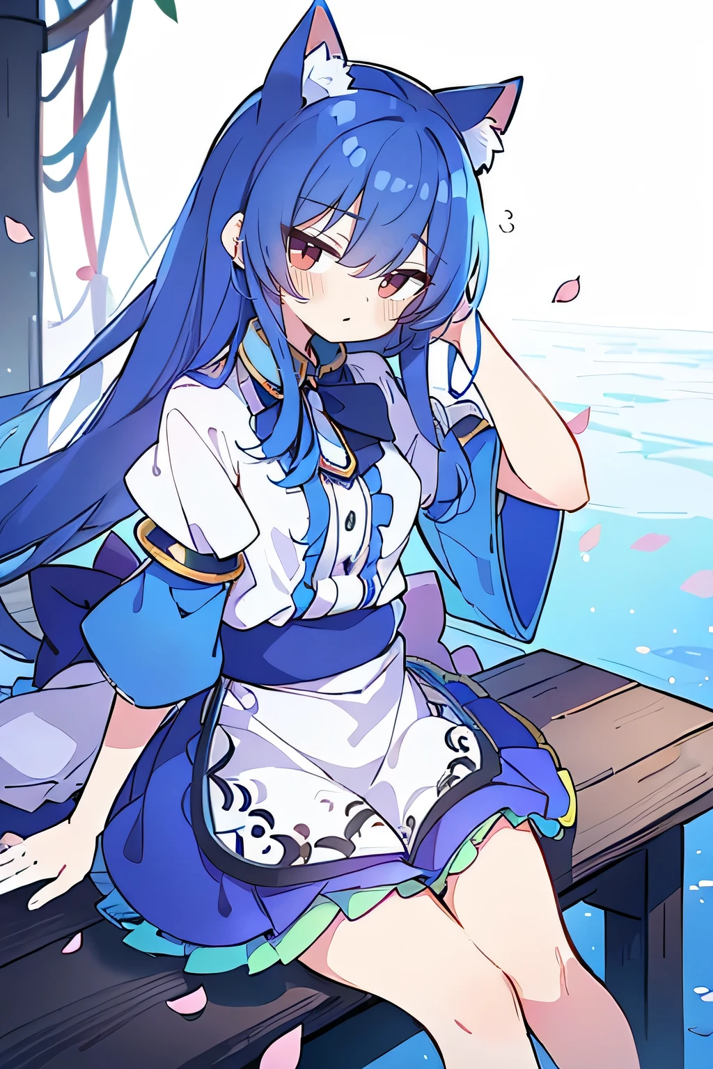 (masterpiece:1.2),ultra-detailed,realistic,expressive eyes,fair-skinned,perfectly shaped face,1girl,
Japanese cartoons,Gorgeous blue hair, flowing blue hair,floating clothes,cat ears,petals falling,beautiful Lola,Hina Angel,
hands on waist,gracefully sitting on the ground,legs crossed,gentle and serene background,cool and comfortable pavilion.