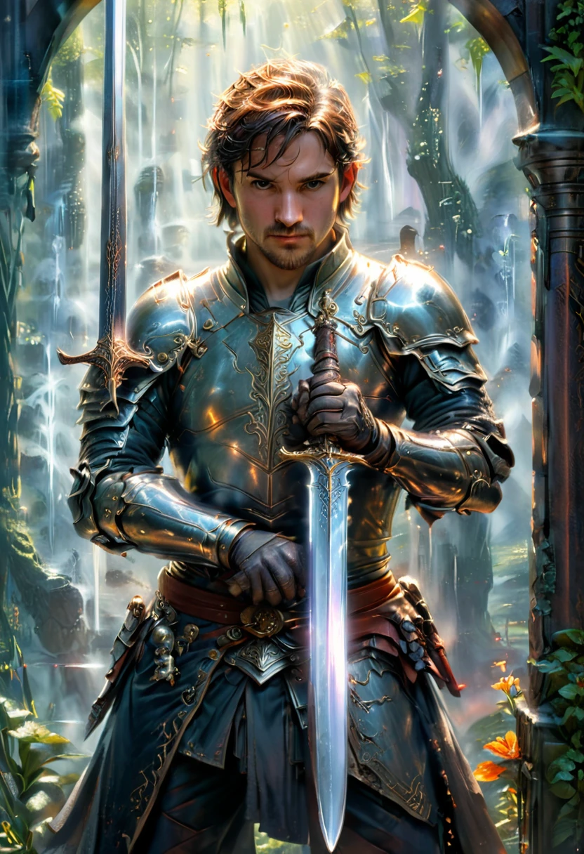 Sworasman, hold sword, by Drew Struzan, best quality, masterpiece, very aesthetic, perfect composition, intricate details, ultra-detailed