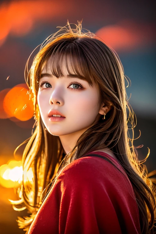 ((Hair blowing in the wind、No makeup:1.2))、(Realistic、Photorealistic、Very detailed、Best detailed skins、highest quality、masterpiece、超A high resolution)、Cute Russian Women、(whole body)、16 years old、Young female android、1 girl、Wearing metal armor、Red Eyes、city of the near future、Has bangs、Ash Blonde:1.7、double eyelid、Drooling eyes、Japanese style face、purity、Realistic肌タイプ、Fluffy hair、Red cheeks、The wind is blowing、night、illumination、big flame behind、Hair blowing in the wind