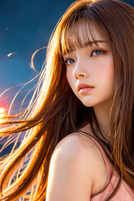 ((Hair blowing in the wind、No makeup:1.2))、(Realistic、Photorealistic、Very detailed、Best detailed skins、highest quality、masterpiece、超A high resolution)、Cute Russian Women、(whole body)、、Young female android、1 girl、Wearing metal armor、Red Eyes、city of the near future、Has bangs、Ash Blonde:1.7、double eyelid、Drooling eyes、Japanese style face、purity、Realistic肌タイプ、Fluffy hair、Red cheeks、The wind is blowing、night、illumination、big flame behind、Hair blowing in the wind
