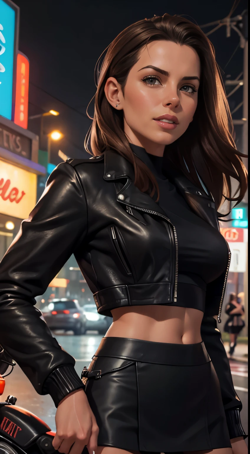 Annika Albright, Hyper-realistic close-up photo of Kate Beckinsale, masterpiece, Best quality, (photorealistic:1.4), (black biker jacket over black crop top:1.1), (black leather mini skirt:1.2) Night street after rain, neon, cinematic light, Beautiful woman, skinny, , straight brown hair, detailed face, smile, photo taken from afar, age 20 years tears