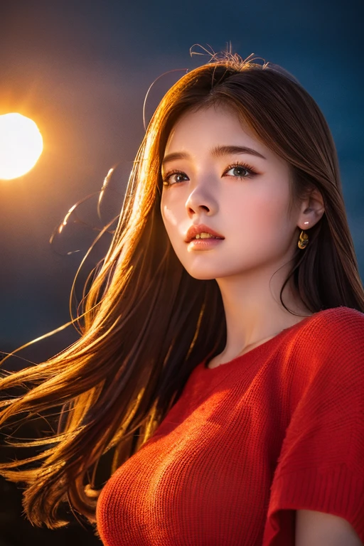 ((Hair blowing in the wind、No makeup:1.2))、(Realistic、Photorealistic、Very detailed、Best detailed skins、highest quality、masterpiece、超A high resolution)、Cute Russian Women、(whole body)、、Young female android、1 girl、Wearing metal armor、Red Eyes、city of the near future、Has bangs、Ash Blonde:1.7、double eyelid、Drooling eyes、Japanese style face、purity、Realistic肌タイプ、Fluffy hair、Red cheeks、The wind is blowing、night、illumination、big flame behind、Hair blowing in the wind