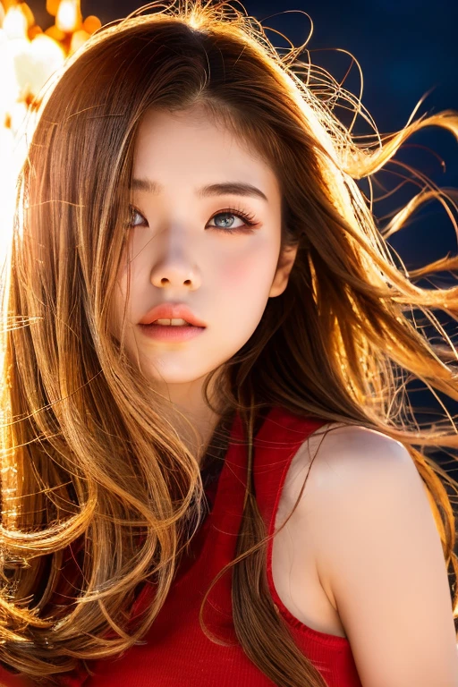 ((Hair blowing in the wind、No makeup:1.2))、(Realistic、Photorealistic、Very detailed、Best detailed skins、highest quality、masterpiece、超A high resolution)、Cute Russian Women、(whole body)、、Young female android、1 girl、Wearing metal armor、Red Eyes、city of the near future、Has bangs、Ash Blonde:1.7、double eyelid、Drooling eyes、Japanese style face、purity、Realistic肌タイプ、Fluffy hair、Red cheeks、The wind is blowing、night、illumination、big flame behind、Hair blowing in the wind