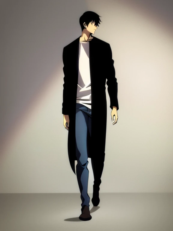 (Illustration, high resolution, best quality: 1.5, masterpiece, minimalist, simplistic detail, anime) solo: 2, ager, fushiguro toji, shirt, high collar coat, jeans, boots, full body, side view, dark coat,