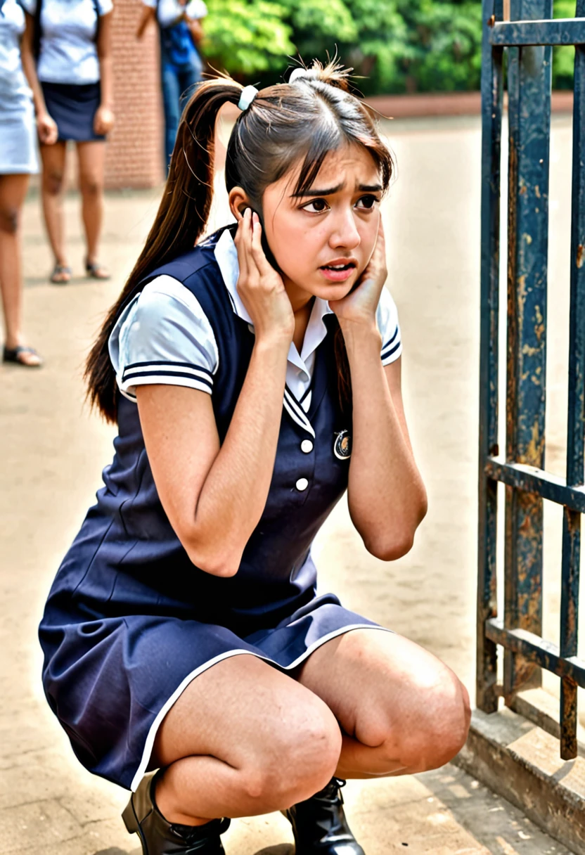 India college girls , 2 pony tails,wearing short sleeveless dress kneeling down holding ears in gate sad in punishment in college 