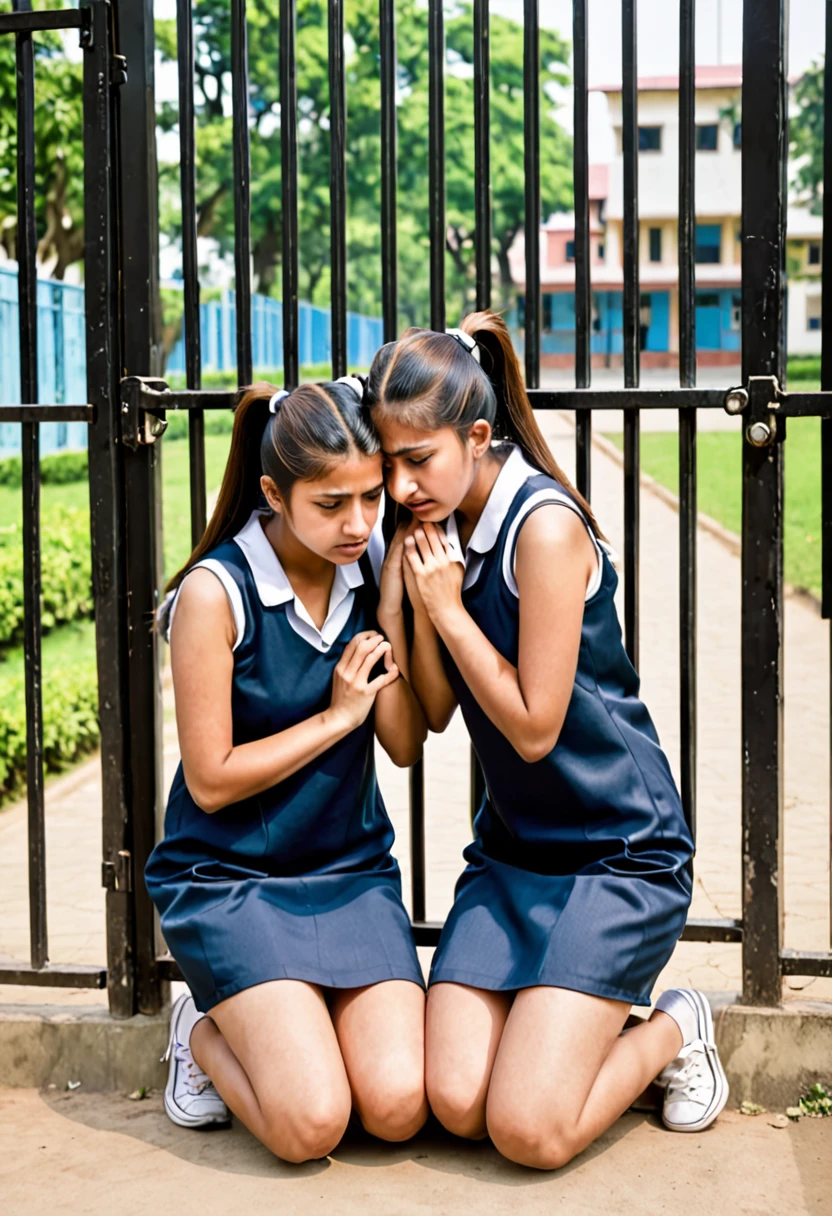 India college girls , 2 pony tails,wearing short sleeveless dress kneeling down holding ears in gate sad in punishment in college 