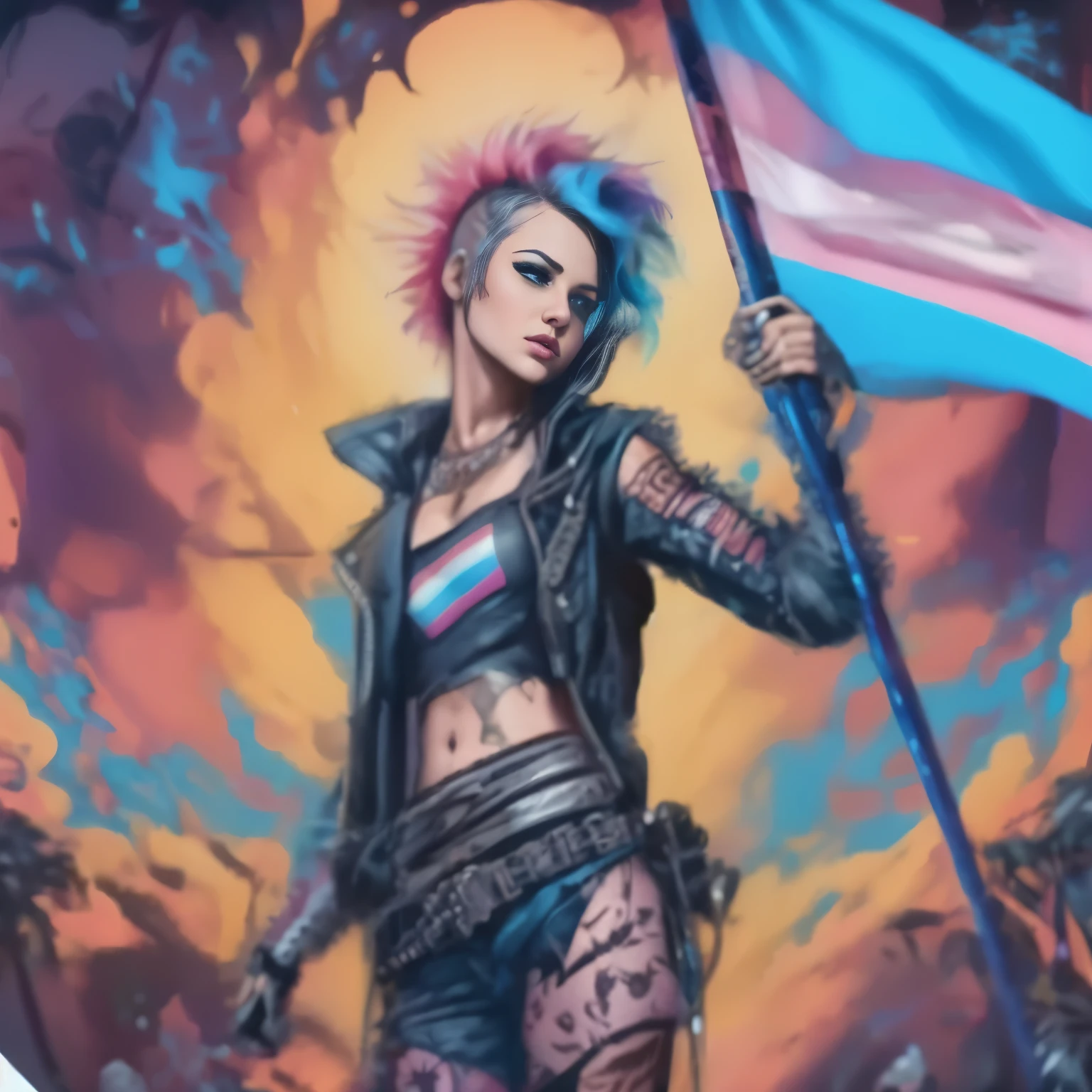 a close up of a woman holding a flag and a flag pole, jen bartel, lgbt art, cyberpunk 2077 rossdraws, non binary future world, punk woman, cyberpunk art style, rossdraws cartoon vibrant, cyberpunk themed art, in cyber punk 2077, diesel punk female, lois van baarle and rossdraws