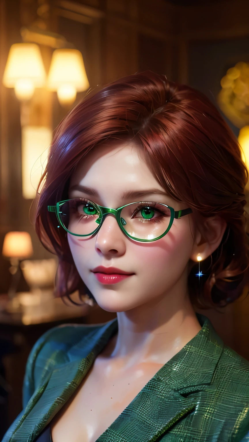 1 girl, (extreme skin shine: 1.4), (Extreme changes in light and shadows), (gorgeous suit: 1.5), (detailed face and eyes: 1.3), (sparkling green eyes, metal frame glasses: 1.5), intricate decoration for short , red hair.

The young girl in the painting is wearing a green robe., as if her snow-white face is more tender under the lining. She tilts her head slightly, and her gaze is calm, like she&#39;s thinking about something. The mountains and sky in the background are beautifully depicted, giving the whole picture a more realistic look.

(realism: 1.3), (Extreme difficulty: 1.2), (realistic photo: 1.3), (surrealism: 1.4), volumetric lighting, cinematic lighting, cinematic effects, portrait of a girl.