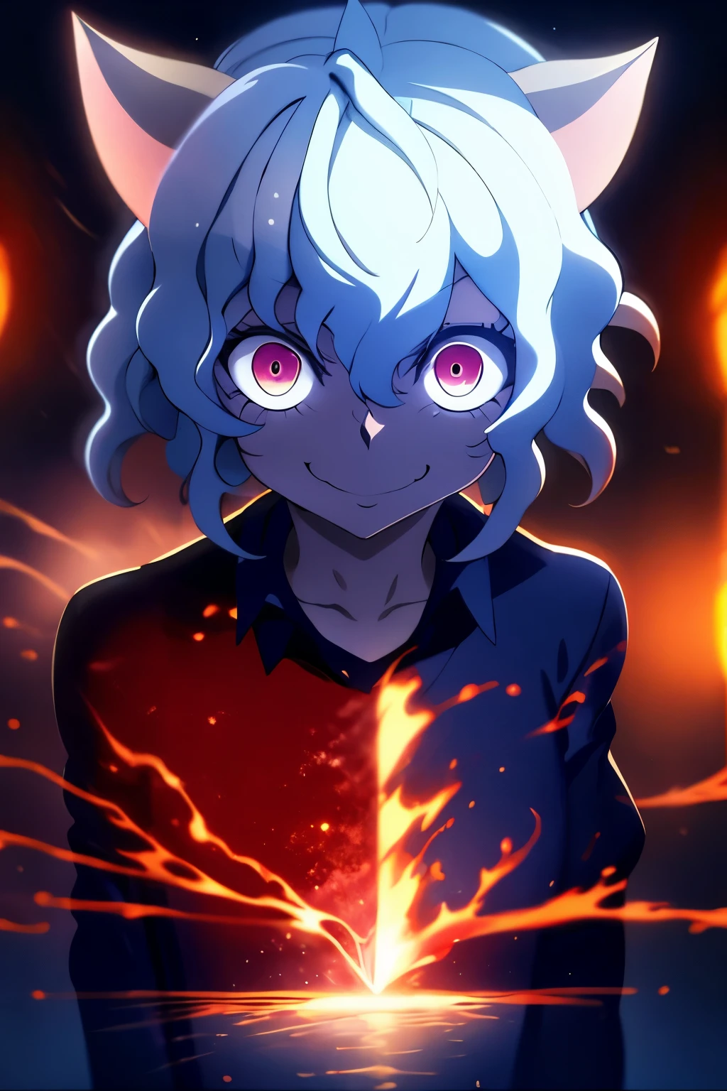 Cowboy Shot, Has red eyes and white hair、Red pupils, Big eyes, Anime characters holding strings, Neferpitou, Cat ear, Muffett in the undertail, Devil Anime Boy, Official Art, Devil Boy, High quality fan art, With eyes that glow red, From desire, Official Fan Art, Detailed fan art, Favorite character, Official Artwork, Navy blue jacket, Brown trousers, laughing, boy, Fluid art, (High resolution), (Sharp focus), (Realistic:1.37), (Physically Based Rendering), (Very detailed説明), (Professional), (Vibrant colors), (Portraiture), (Soft lighting), (超High resolution), (White Ideal Hair), (Studio Lighting), (Blue street lights), (highest quality, 4K, 8k, High resolution, masterpiece:1.2), (Very detailed), Flowing, Shimizu, Creepy Smile