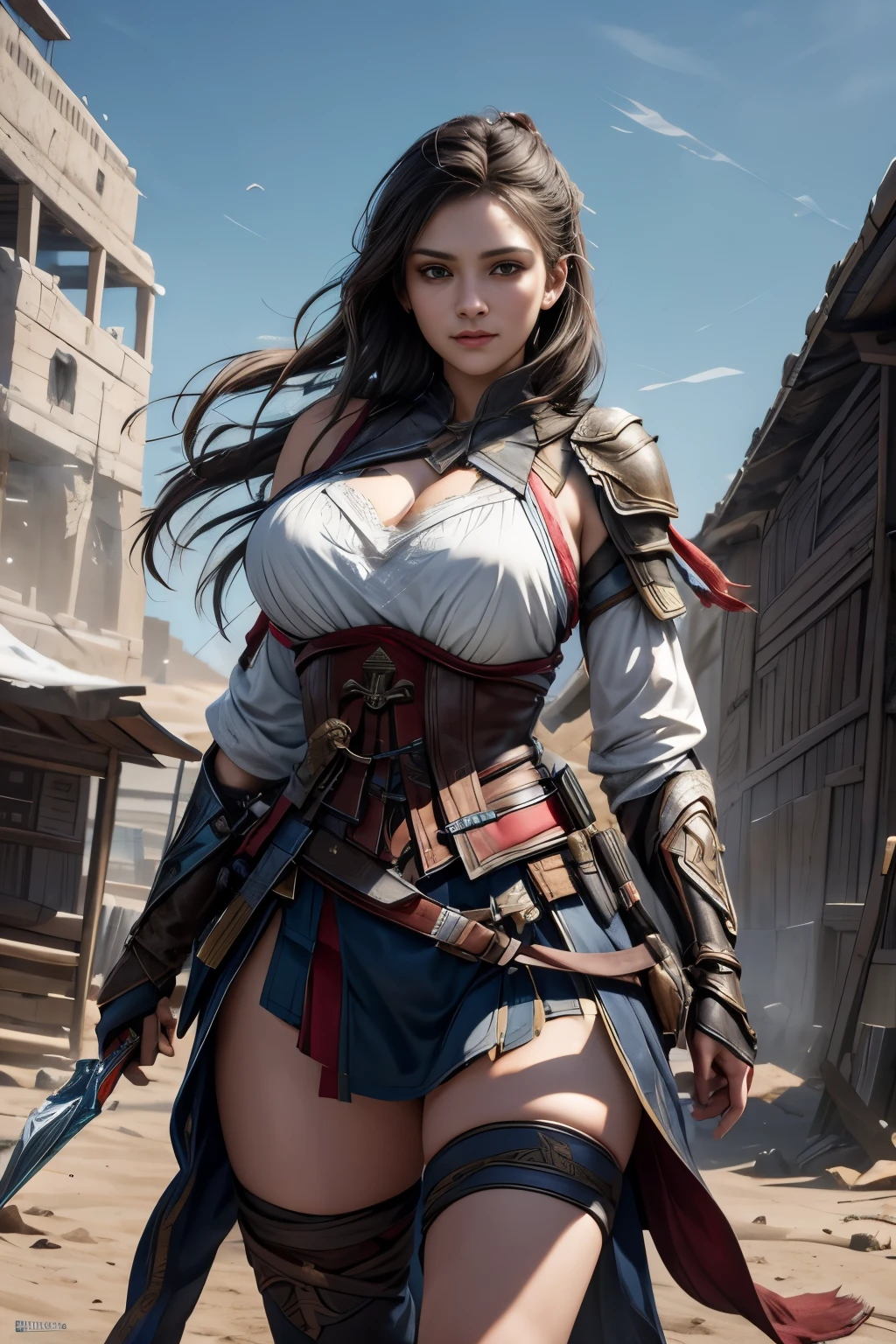 Portrait of a female warrior standing in front of a horse, sexy face, cute face, Assassin&#39;s Creed Games, Photorealistic, post apocalypse, babe, huge firm bouncing breasts, 18 years old, 160cm tall high, breasts part of armor widely open, eract hard nipples