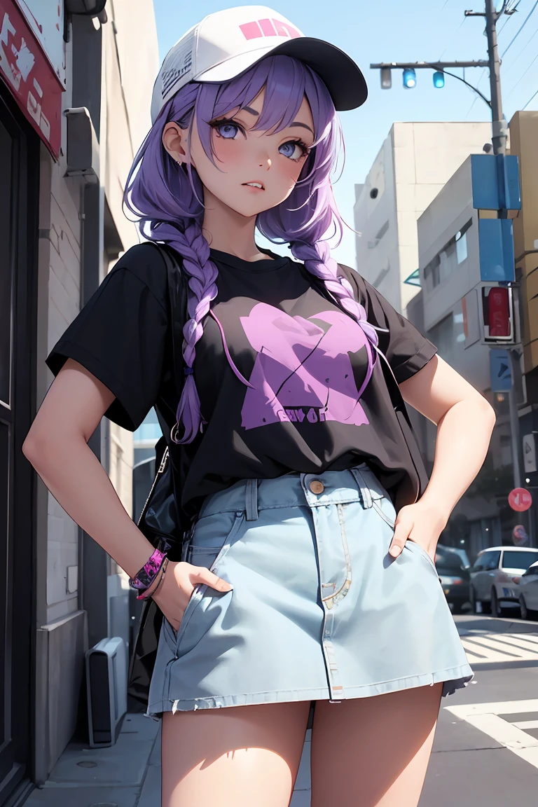 ((1 girl)), latest trend clothes, inflate gum, Neon Color Fashion, Put your hands in your pockets, Street fashion,T-Shirts, mini skirt,trucker cap, Cowboy Shot,((Very detailed,highest quality, High resolution, 8k wallpaper, Beautiful clothes,)),((Light purple hair, Shortcuts,Braided hair)) , (teeth), Serious face, Upward glance, Hunchback,eye shadow, eyeliner,Glow Eye, Very detailedな目, Clear Eyes, Beautiful Eyes, 18-year-old girl.