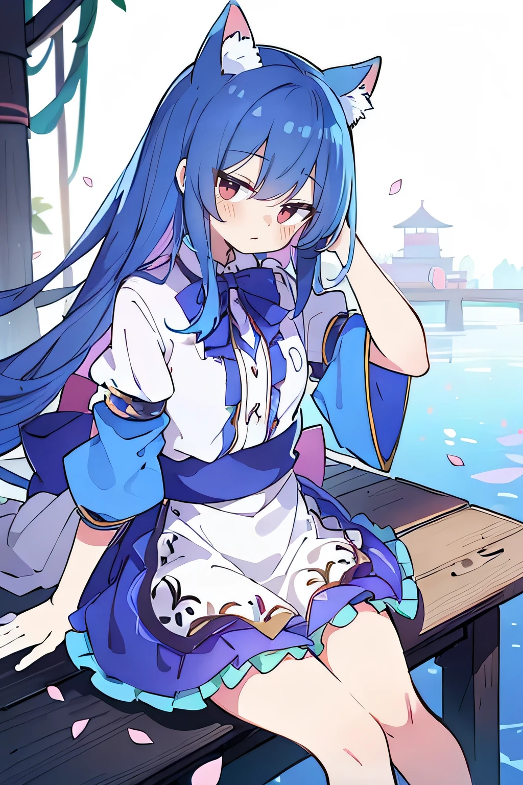 (masterpiece:1.2),ultra-detailed,realistic,expressive eyes,fair-skinned,perfectly shaped face,1girl,
Japanese cartoons,Gorgeous blue hair, flowing blue hair,floating clothes,cat ears,petals falling,beautiful Lola,Hina Angel,
hands on waist,gracefully sitting on the ground,legs crossed,gentle and serene background,cool and comfortable pavilion.