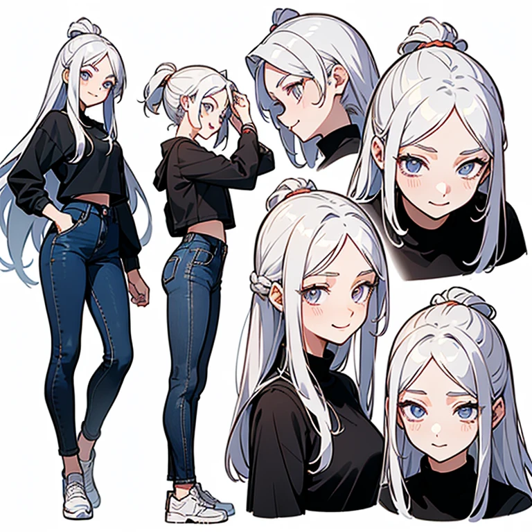 21 years old, white hair girl, Armpit length hair (((smile, Frivolous face, excited face, excited face))) Jeans and tight top, ((Odango hairstyle)) (((Detailed Character Sheet, Front view, Side view, three quarter view))) (((white background)))