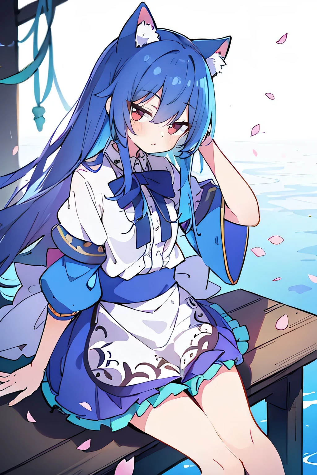 (masterpiece:1.2),ultra-detailed,realistic,expressive eyes,fair-skinned,perfectly shaped face,1girl,
Japanese cartoons,Gorgeous blue hair, flowing blue hair,floating clothes,cat ears,petals falling,beautiful Lola,Hina Angel,
hands on waist,gracefully sitting on the ground,legs crossed,gentle and serene background,cool and comfortable pavilion.