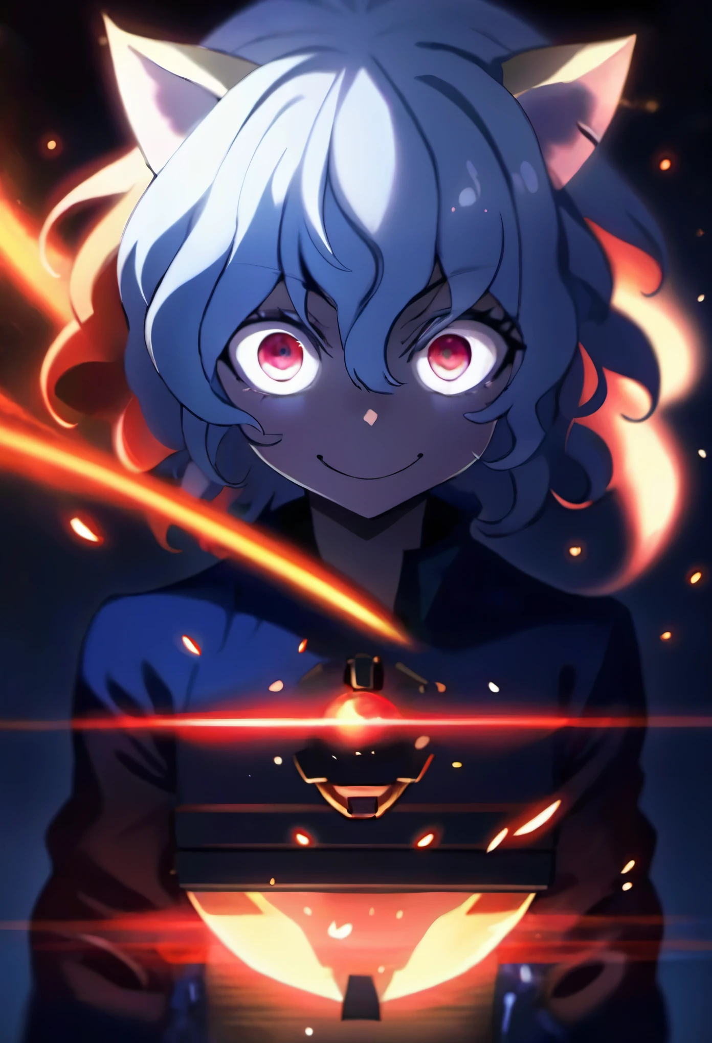 Cowboy Shot, Has red eyes and white hair、Red pupils, Big eyes, Anime characters holding strings, Neferpitou, Cat ear, Muffett in the undertail, Devil Anime Boy, Official Art, Devil Boy, High quality fan art, With eyes that glow red, From desire, Official Fan Art, Detailed fan art, Favorite character, Official Artwork, Navy blue jacket, Brown trousers, laughing, boy, Fluid art, (High resolution), (Sharp focus), (Realistic:1.37), (Physically Based Rendering), (Very detailed説明), (Professional), (Vibrant colors), (Portraiture), (Soft lighting), (超High resolution), (White Ideal Hair), (Studio Lighting), (Blue street lights), (highest quality, 4K, 8k, High resolution, masterpiece:1.2), (Very detailed), Flowing, Shimizu, Creepy Smile, pixiv masterpiece::1.5 ,high detailed,light particles,glitch effect, geometrical pattern,symbol particles,black background, dynamic angle, 