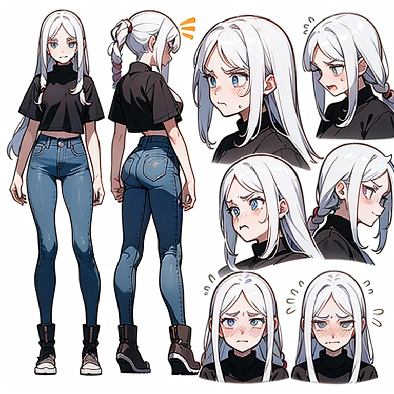 21 years old, white hair girl, armpit length hair (((Whimpering,Embarrassed face, excited face, angry face))) Jeans and tight top, ((Odango hairstyle)) (((Detailed Character Sheet, Front view, Side view, three quarter view))) (((white background)))