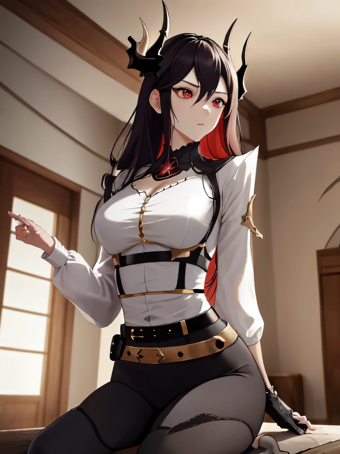 (Masterpiece, best quality), (highres, ultra-detailed), (absurdres, perfect anatomy), indoors, castle, 1girl, solo, Caera, CCla, cowboy shot, red eyes, seiza, looking at viewer, single pauldron, underbust, collar, halterneck, white shirt, collared shirt, long sleeves, puffy sleeves,  harness, gloves, belt, black pants, strap, toned