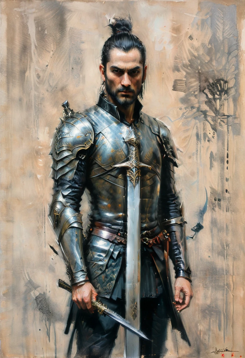 Sworasman, hold sword, by Guy Denning, best quality, masterpiece, very aesthetic, perfect composition, intricate details, ultra-detailed