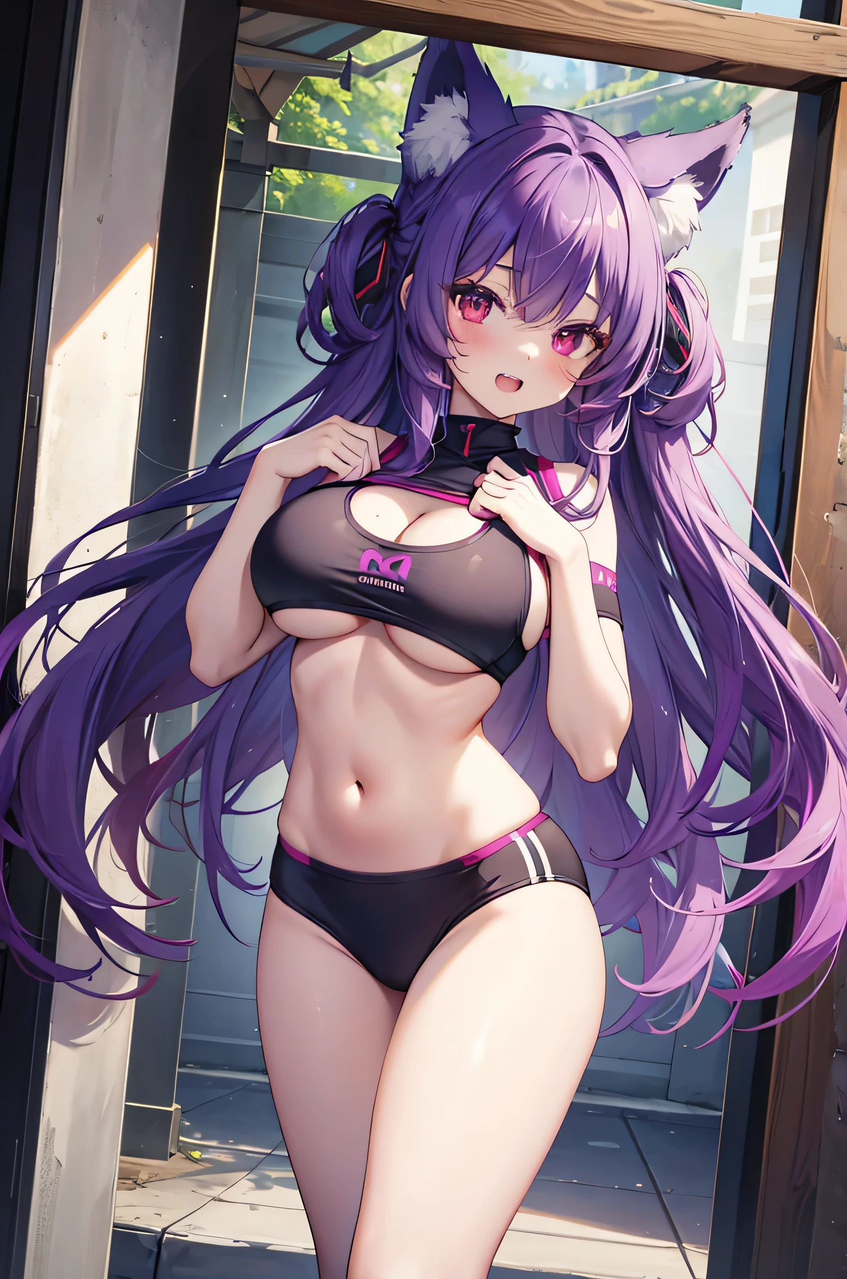 Fox Girl, Large Breasts, Voluminous purple hair, masterpiece , Red eyes, hd, Thick thighs, Head to Chest, buried in my chest、Underboob、Double teeth、tooth、Sports Bra