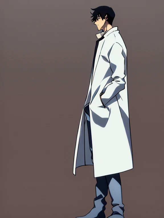 (Illustration, high resolution, best quality: 1.5, masterpiece, minimalist, simplistic detail, anime) solo: 2, teenager, fushiguro toji, shirt, high collar coat, jeans, boots, full body, side view: 2, dark coat,
