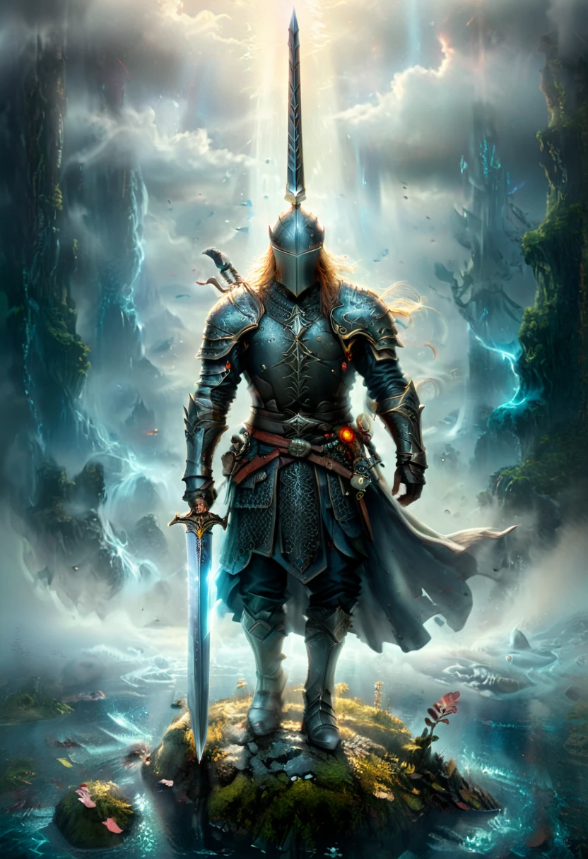 Sworasman, hold sword, by Alexander Jansson, best quality, masterpiece, very aesthetic, perfect composition, intricate details, ultra-detailed