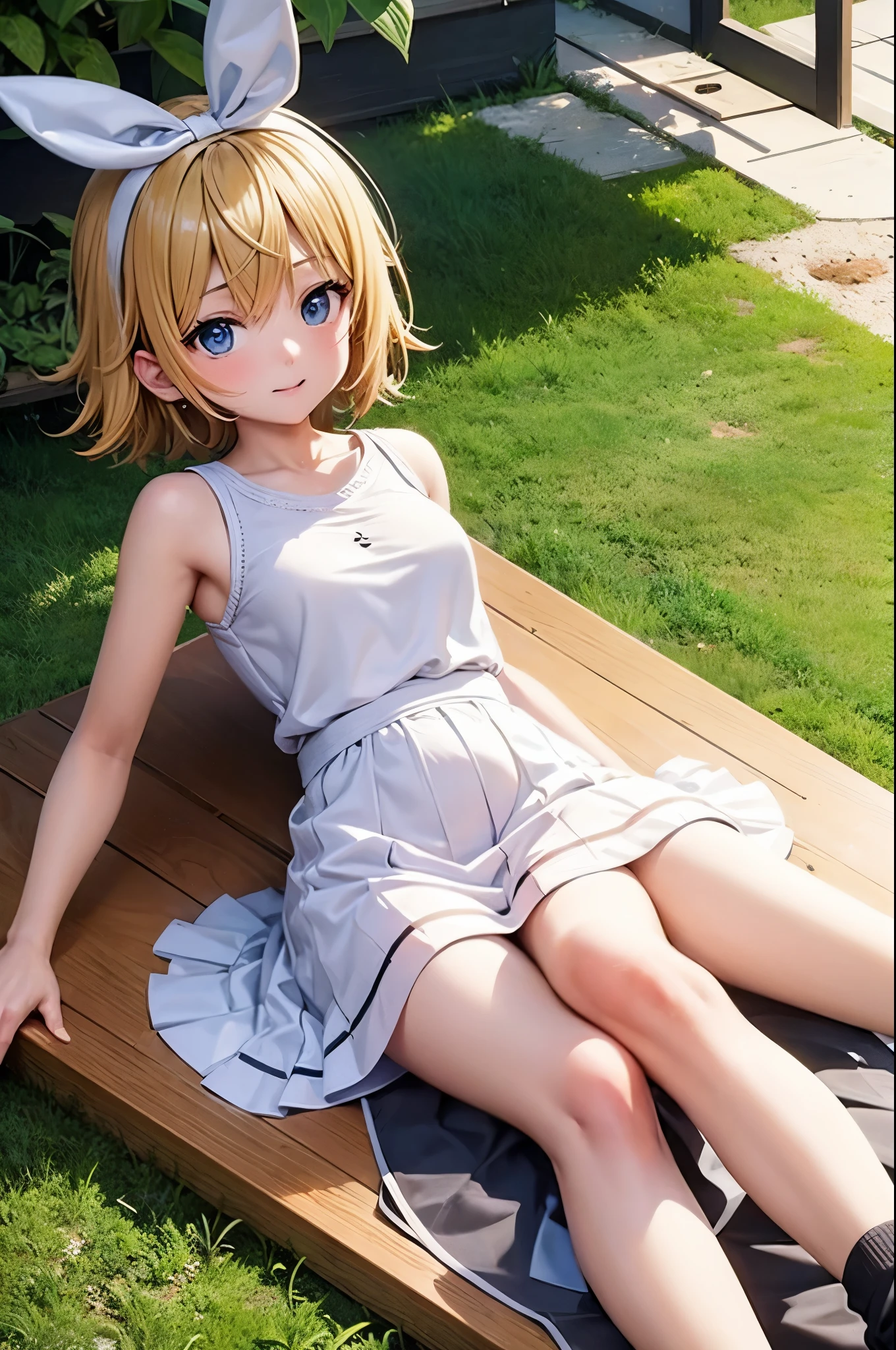 8K resolution, highest quality,Kagamine Rin、beautiful eyes、Embarrassed、Sweat、Shooting from below、Look down、whole body、short hair、smile、head rest、hands up, elbows on table, face palm, white ribbon, white headband,casual、one piece、Date、skirt