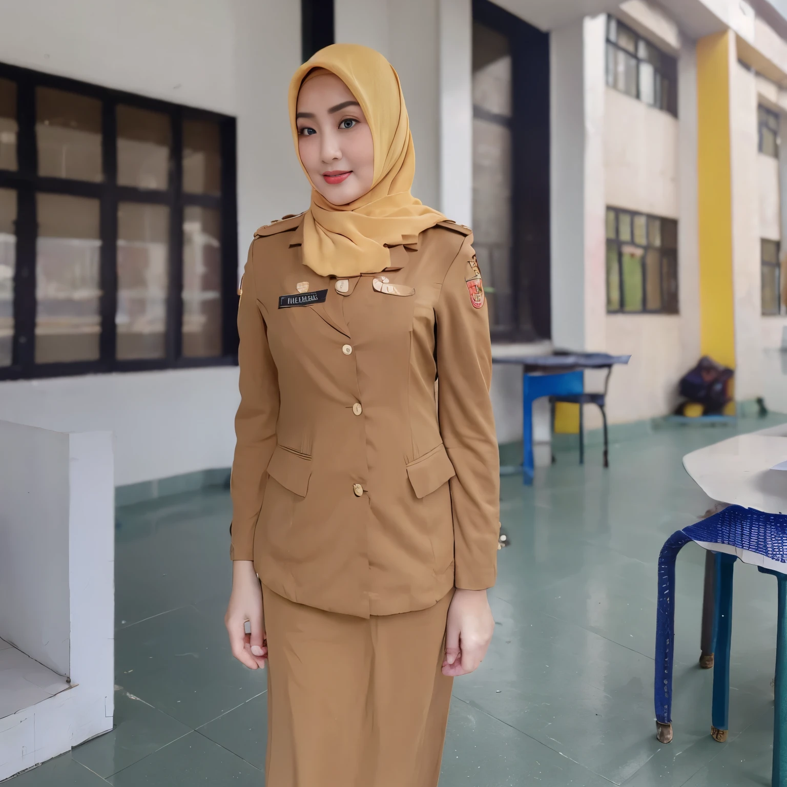 30 years Old, Hijab Indonesian mature woman, Big  : 96.9, Blazer, Slim body, Breast about To burst out, at School Corridor, Bright light, at Daytime