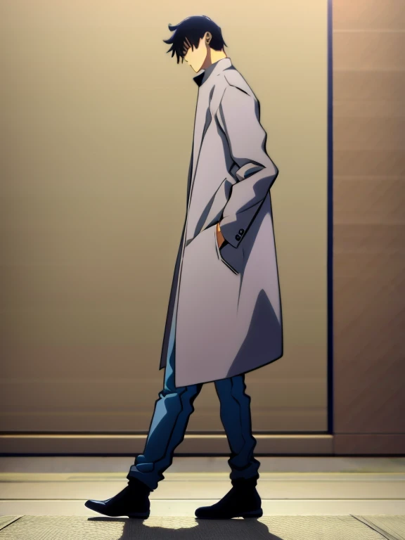 (Illustration, high resolution, best quality: 1.5, masterpiece, minimalist, simplistic detail, anime) solo: 2, teenager, fushiguro toji, shirt, high collar coat, jeans, boots, full body, side view: 2, dark coat, running,