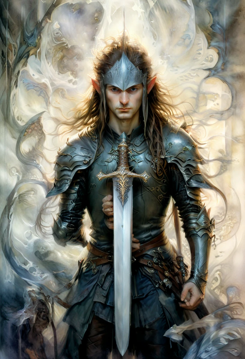 Sworasman, hold sword, by Brian Froud, best quality, masterpiece, very aesthetic, perfect composition, intricate details, ultra-detailed