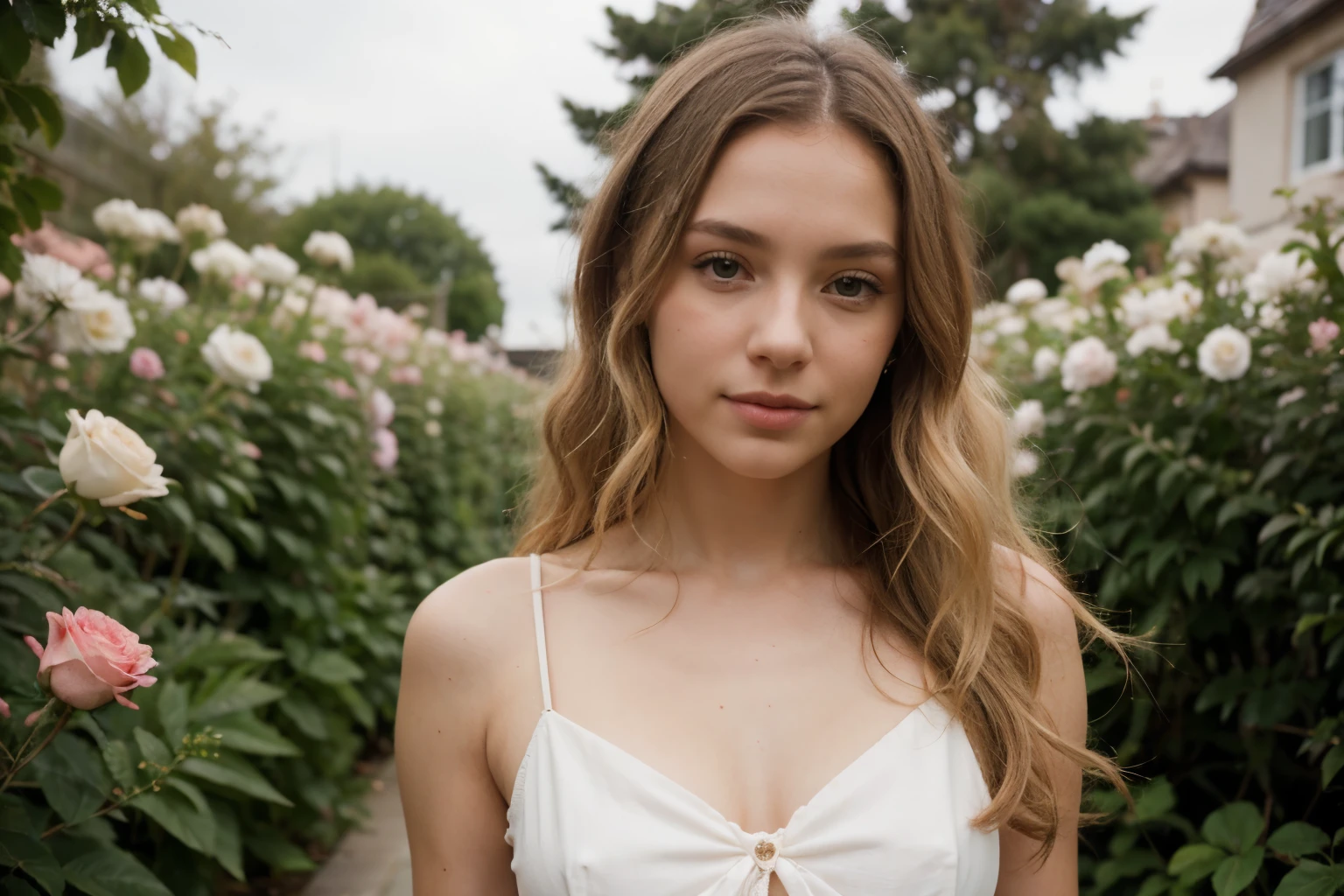 8k, RAW-Foto, Fujifilm, Style photo of a beautiful young woman as Avril in a garden with light pink roses (hochdetaillierte Haut: 1.2) Style-Petal BREAK kurzes Haar, blonde hair with colored curls, ein Kleid tragen, Filmgranulierung, 35mm, cute style