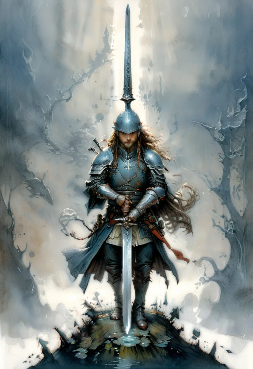 Sworasman, hold sword, by Jean-Baptiste Monge, best quality, masterpiece, very aesthetic, perfect composition, intricate details, ultra-detailed