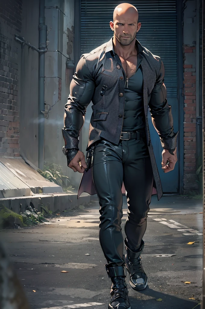 ((High Detail)), ((Sharp focus)), ((HD)), ((perfect eyes)), ((perfect face)), Jason Statham, Handsome Man, Beautiful Man , (Naked, Muscular, Pecs, defined physique)), ((chest hair, big nipples)), ((Sweat, Glistening)), Tight Pants, low rise pants, big bulge, erection, pubic hair, futuristic, holsters, guns, gloves, armor, muscular legs, boots,